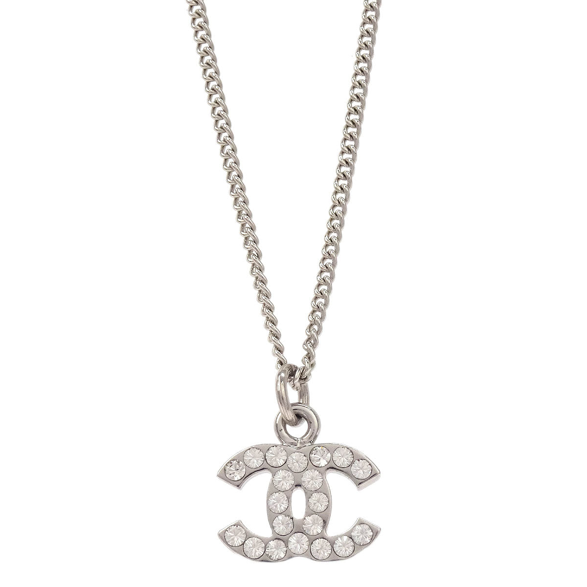 Chanel CC Chain Necklace Pendant Silver Rhinestone 06V