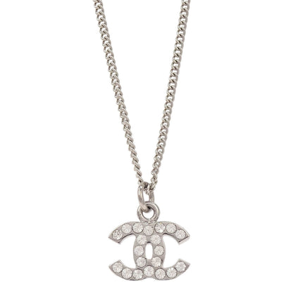 Chanel CC Chain Necklace Pendant Silver Rhinestone 06V
