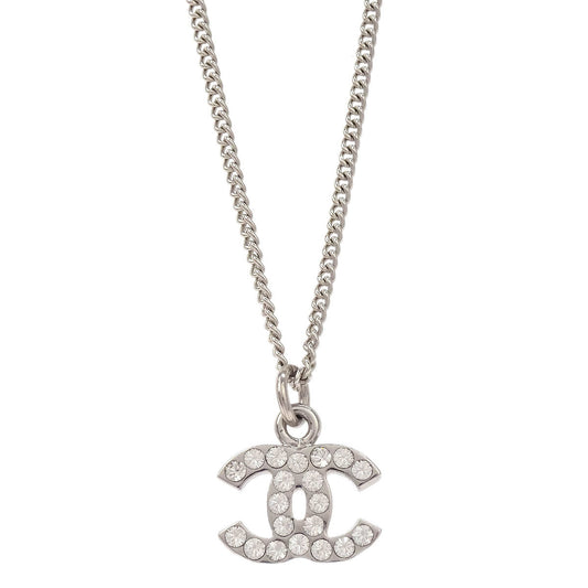 Chanel CC Chain Necklace Pendant Silver Rhinestone 06V