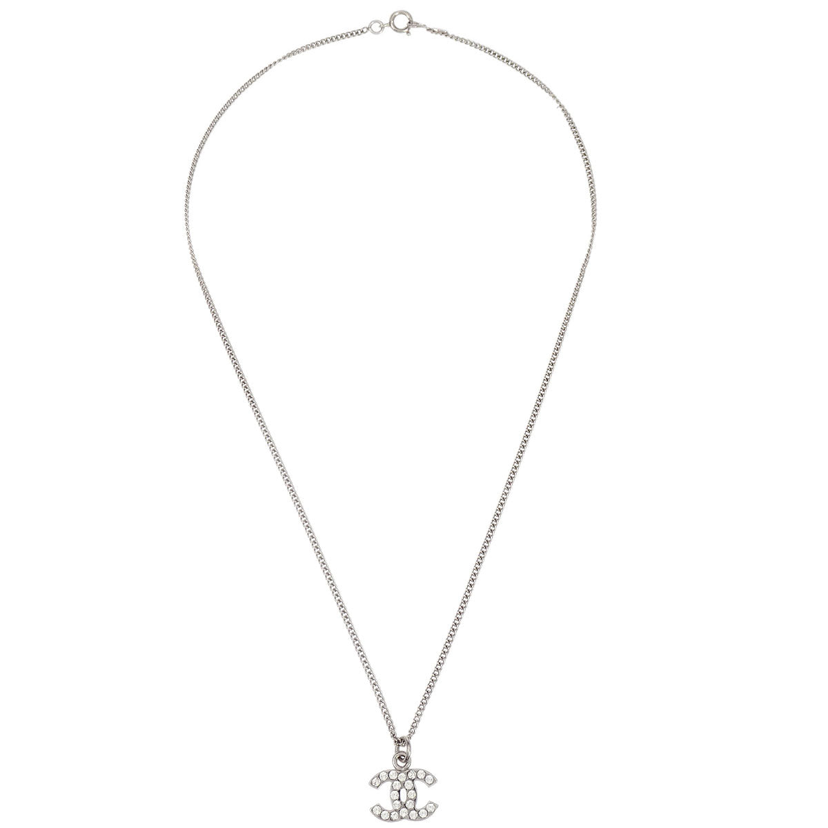 Chanel CC Chain Necklace Pendant Silver Rhinestone 06V