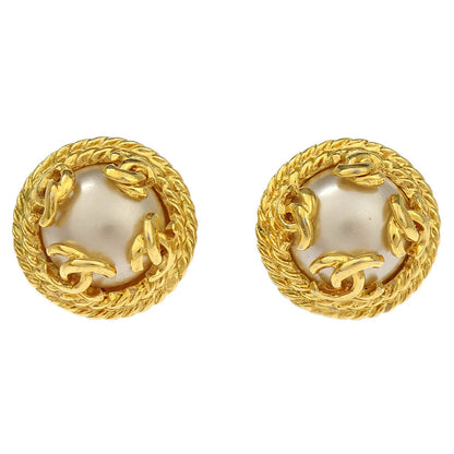 Chanel Earrings Clip-On Button Costume Pearl Gold 95A