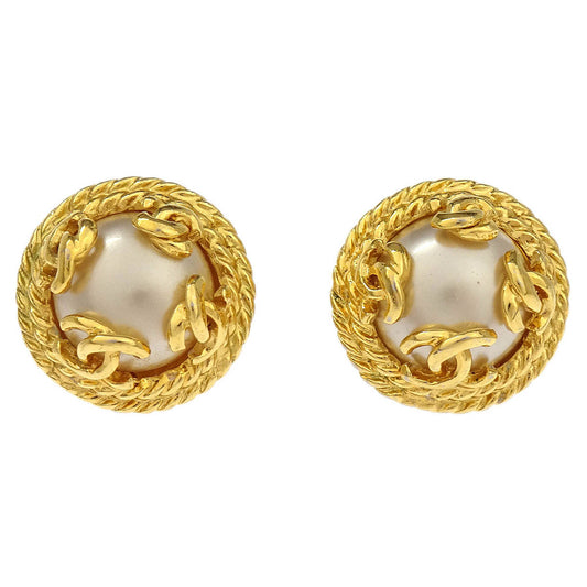 Chanel Earrings Clip-On Button Costume Pearl Gold 95A
