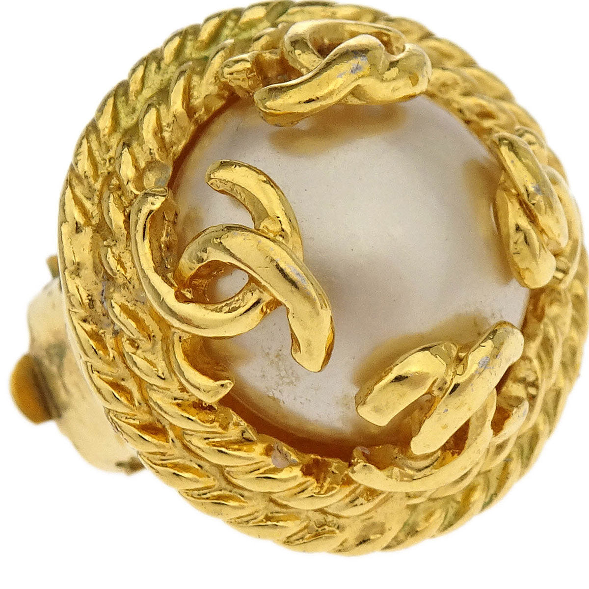 Chanel Earrings Clip-On Button Costume Pearl Gold 95A