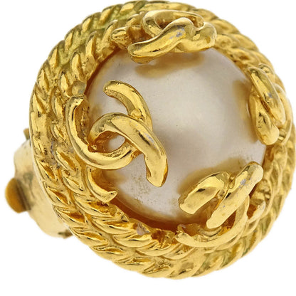 Chanel Earrings Clip-On Button Costume Pearl Gold 95A