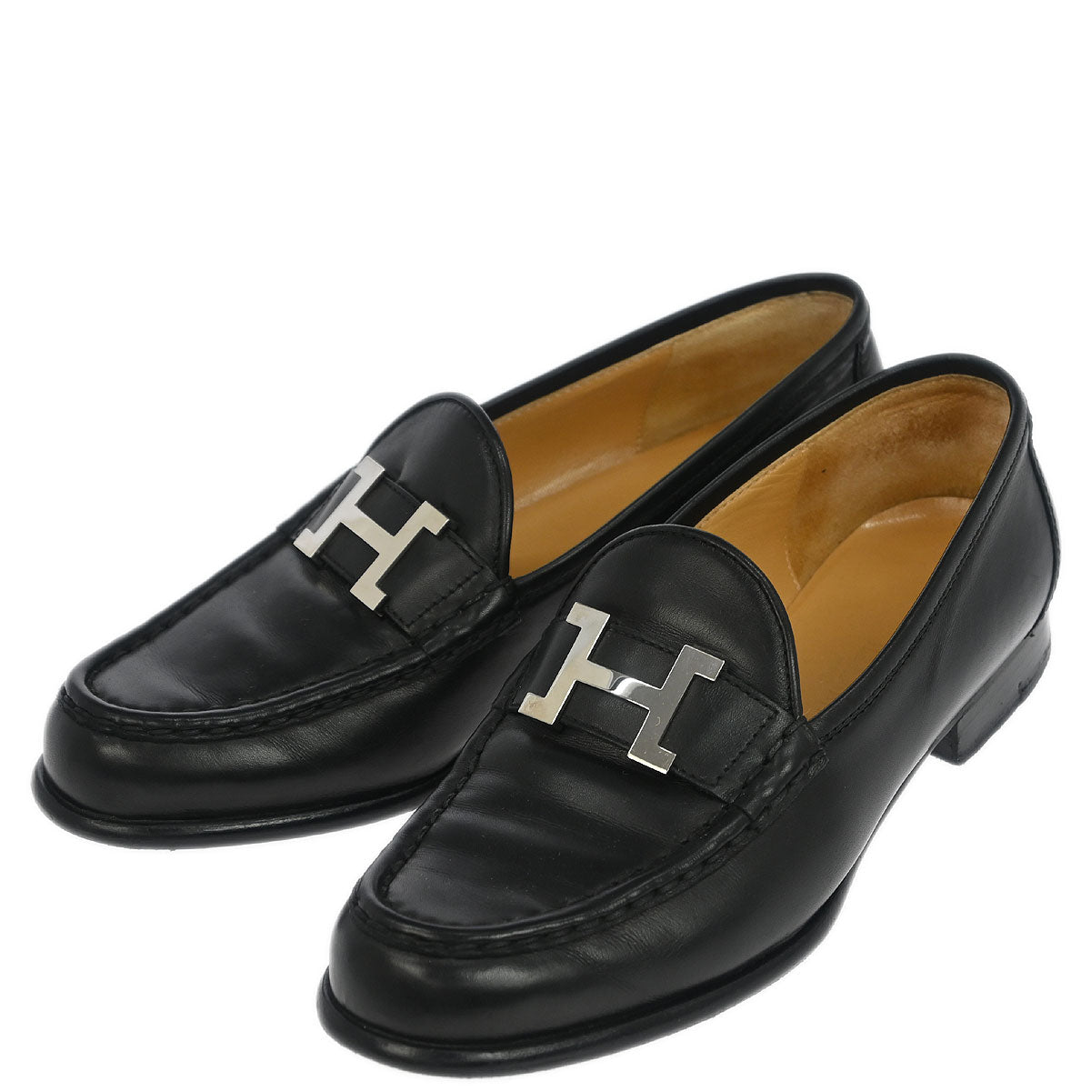 Hermes * Loafers Shoes Black Leather #36