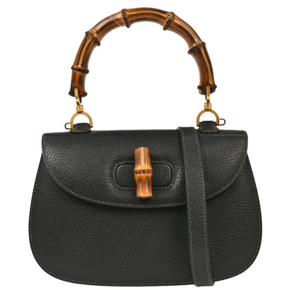 Gucci Dark Green Pigskin Bamboo 2way Shoulder Handbag
