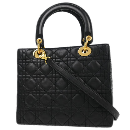 Christian Dior Black Lambskin Medium Lady Dior Cannage 2way Shoulder Handbag