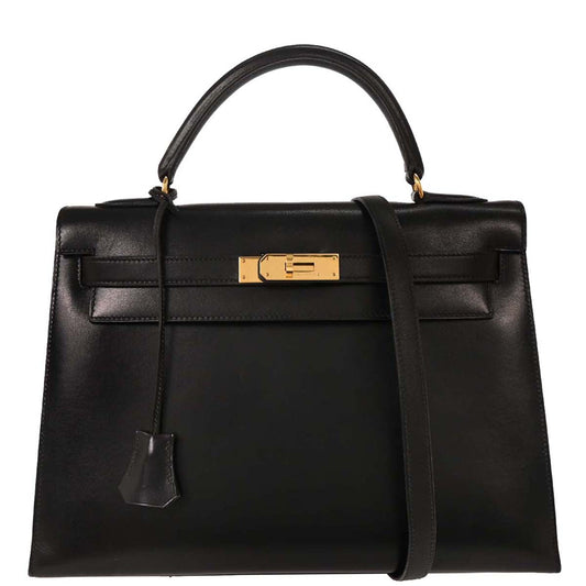 Hermes Black Box Calf Kelly 32 Sellier Handbag