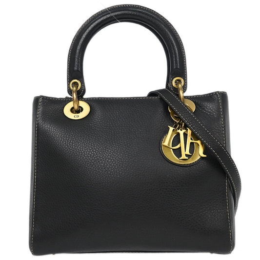 Christian Dior Black Calfskin Lady Dior 2way Shoulder Handbag