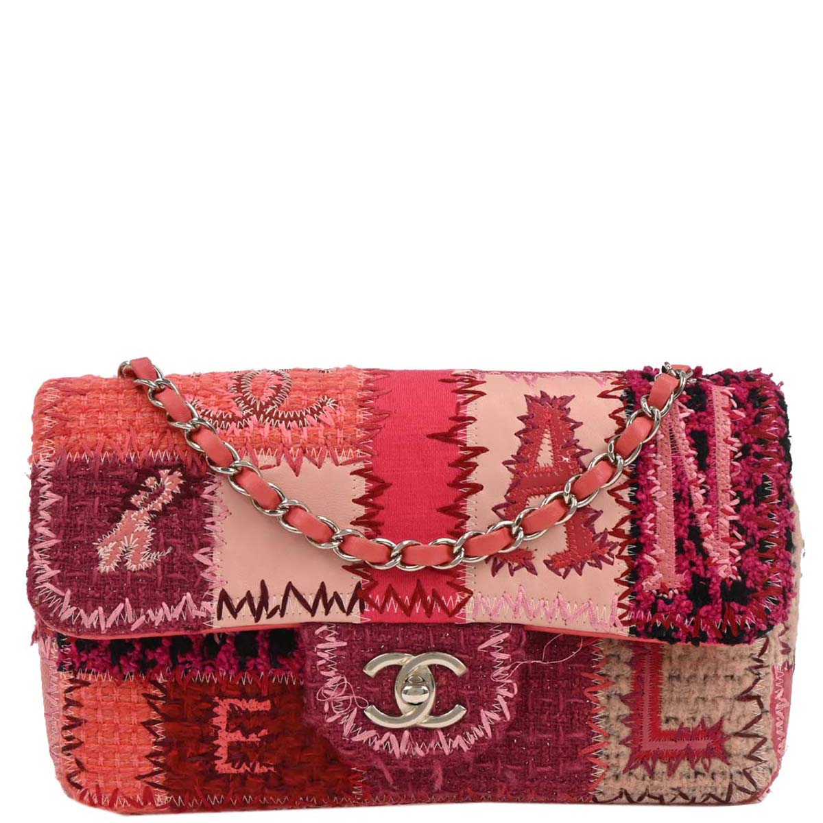 Chanel 2017 Pink Tweed Single Flap Patchwork Shoulder Bag