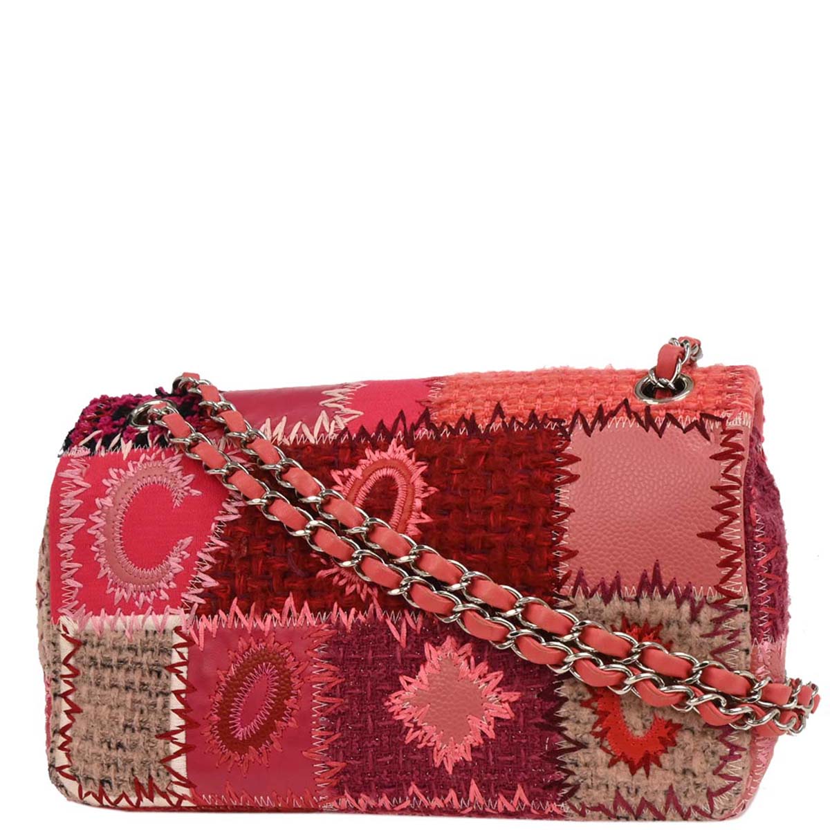 Chanel 2017 Pink Tweed Single Flap Patchwork Shoulder Bag