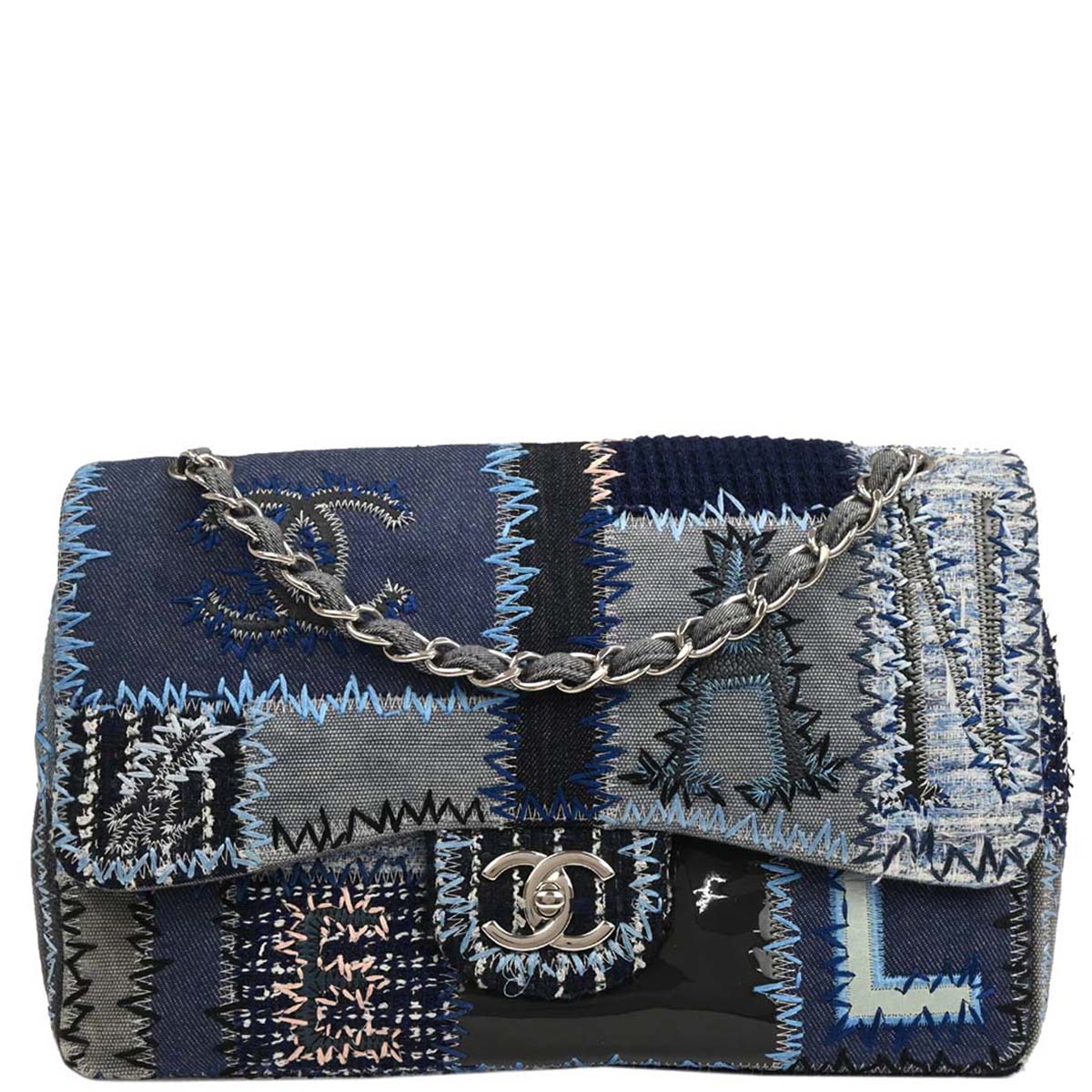 Chanel 2014-2015 Blue Tweed Tweed Single Flap Patchwork Shoulder Bag