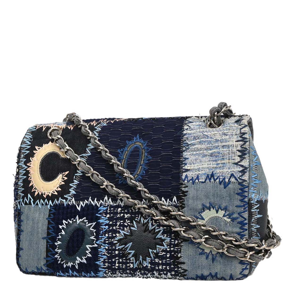 Chanel 2014-2015 Blue Tweed Tweed Single Flap Patchwork Shoulder Bag