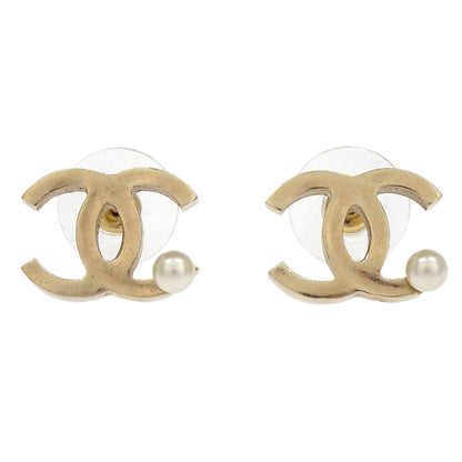 Chanel Piercing Earrings Gold CC Costume Pearl B13S