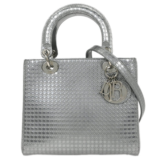 Christian Dior Silver Medium Lady Dior Cannage 2way Shoulder Handbag