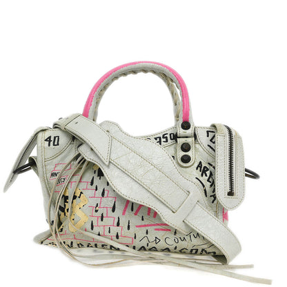 Balenciaga White Classic Mini City Graffiti Handbag
