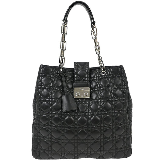 Christian Dior Black Lambskin Lady Dior Cannage Tote Handbag