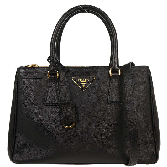 Prada Black Leather Galleria 2way Shoulder Tote Handbag