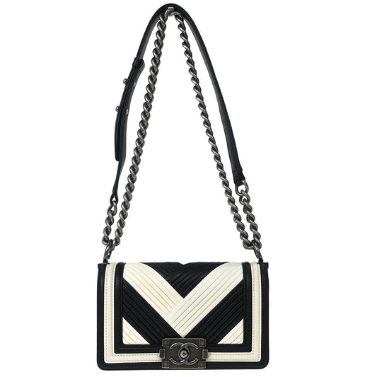 Boy Chanel 2017 Black Chevron Lambskin Small Chain Shoulder Bag