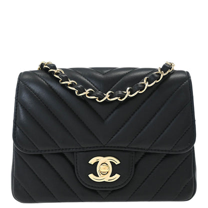 Chanel 2019 Black Lambskin Chevron Mini Classic Square Flap Shoulder Bag 17
