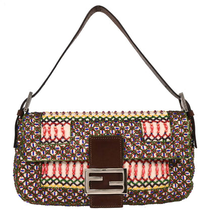 Fendi White Brown Canvas Beads Baguette Handbag
