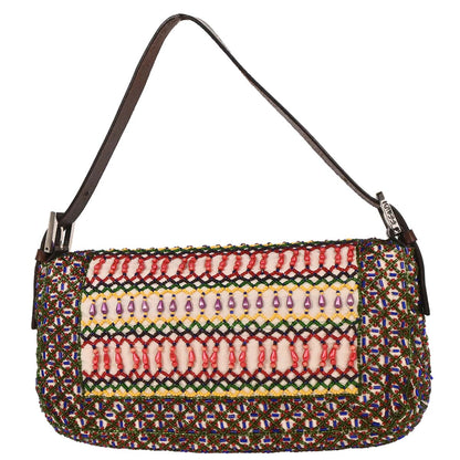 Fendi White Brown Canvas Beads Baguette Handbag