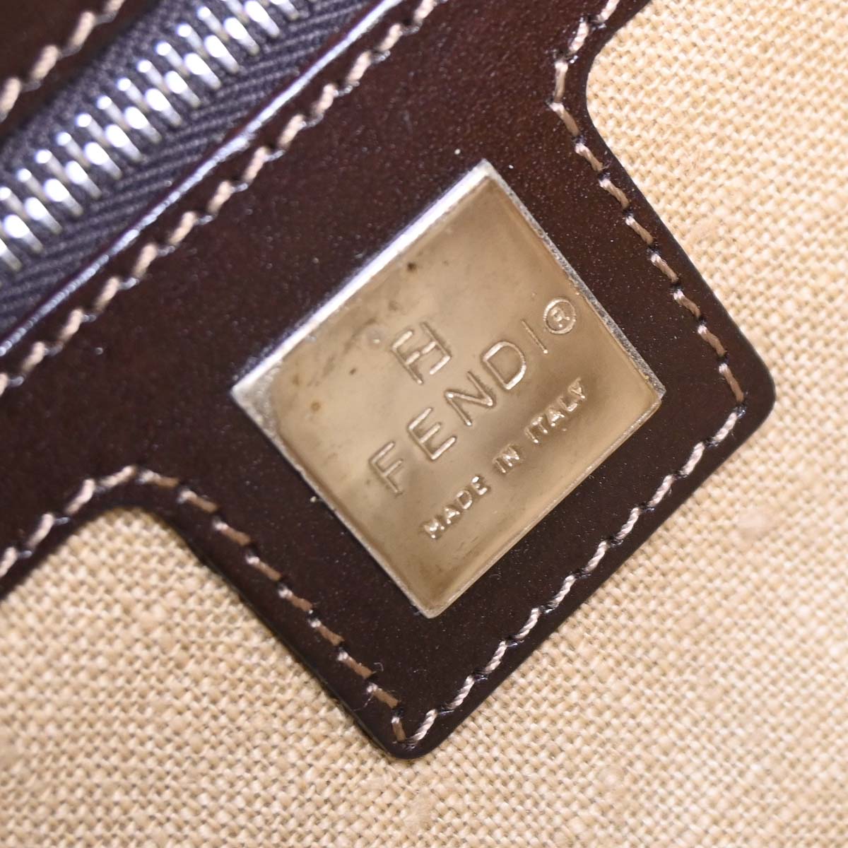 Fendi White Brown Canvas Beads Baguette Handbag