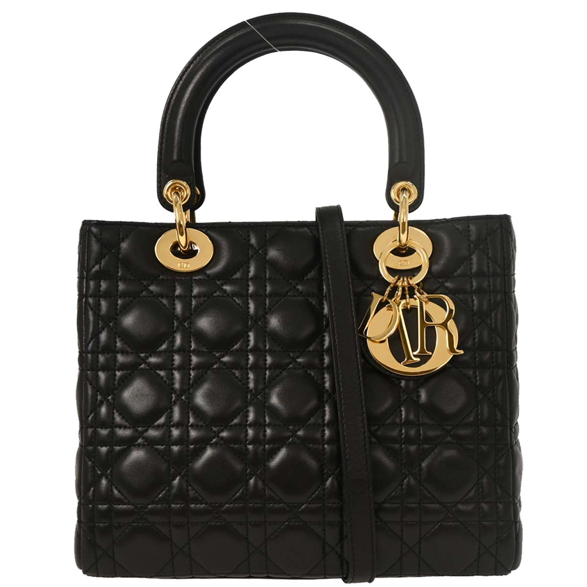 Christian Dior Black Lambskin Medium Lady Dior Cannage 2way Shoulder Handbag