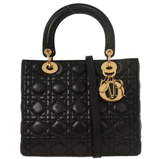 Christian Dior Black Lambskin Medium Lady Dior Cannage 2way Shoulder Handbag