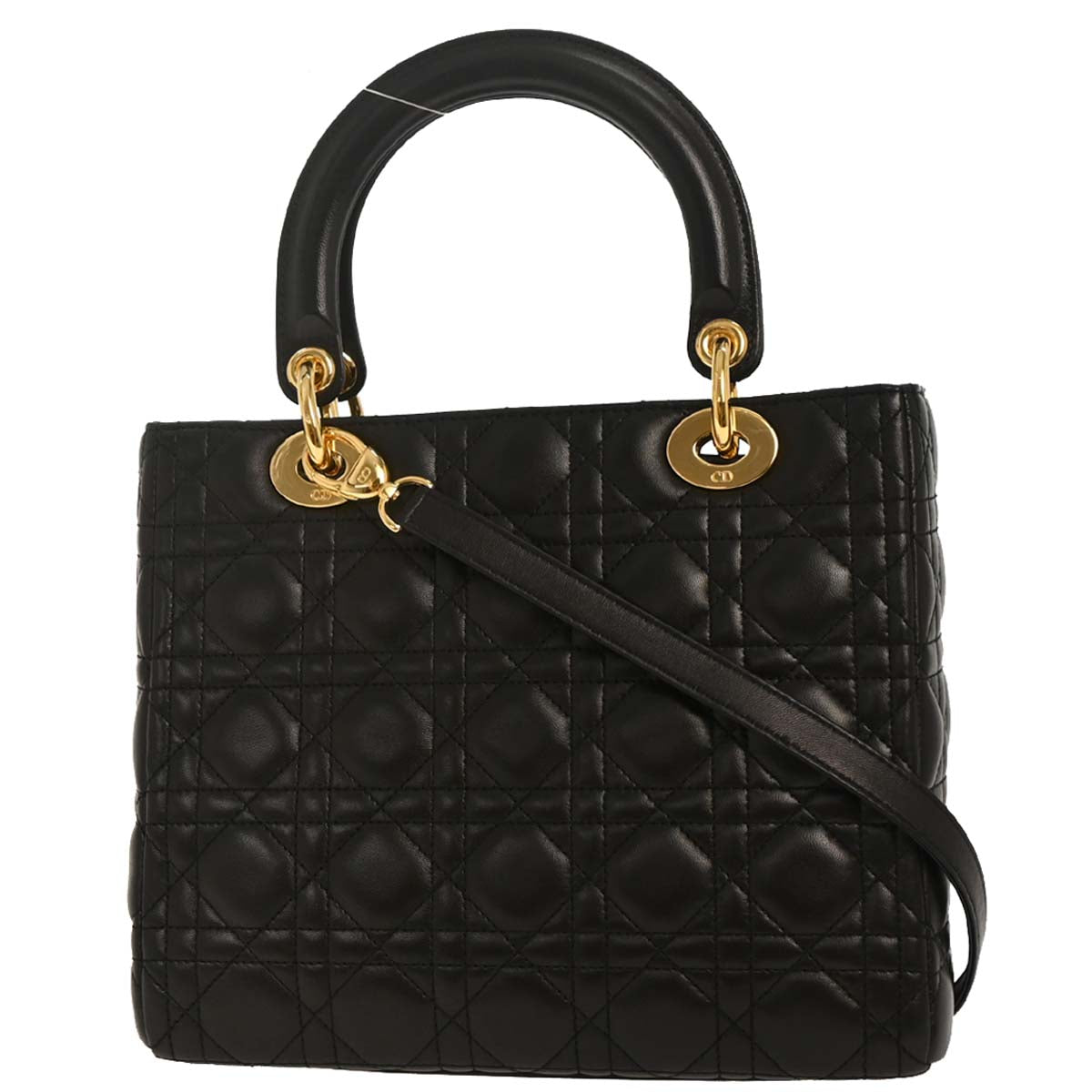 Christian Dior Black Lambskin Medium Lady Dior Cannage 2way Shoulder Handbag