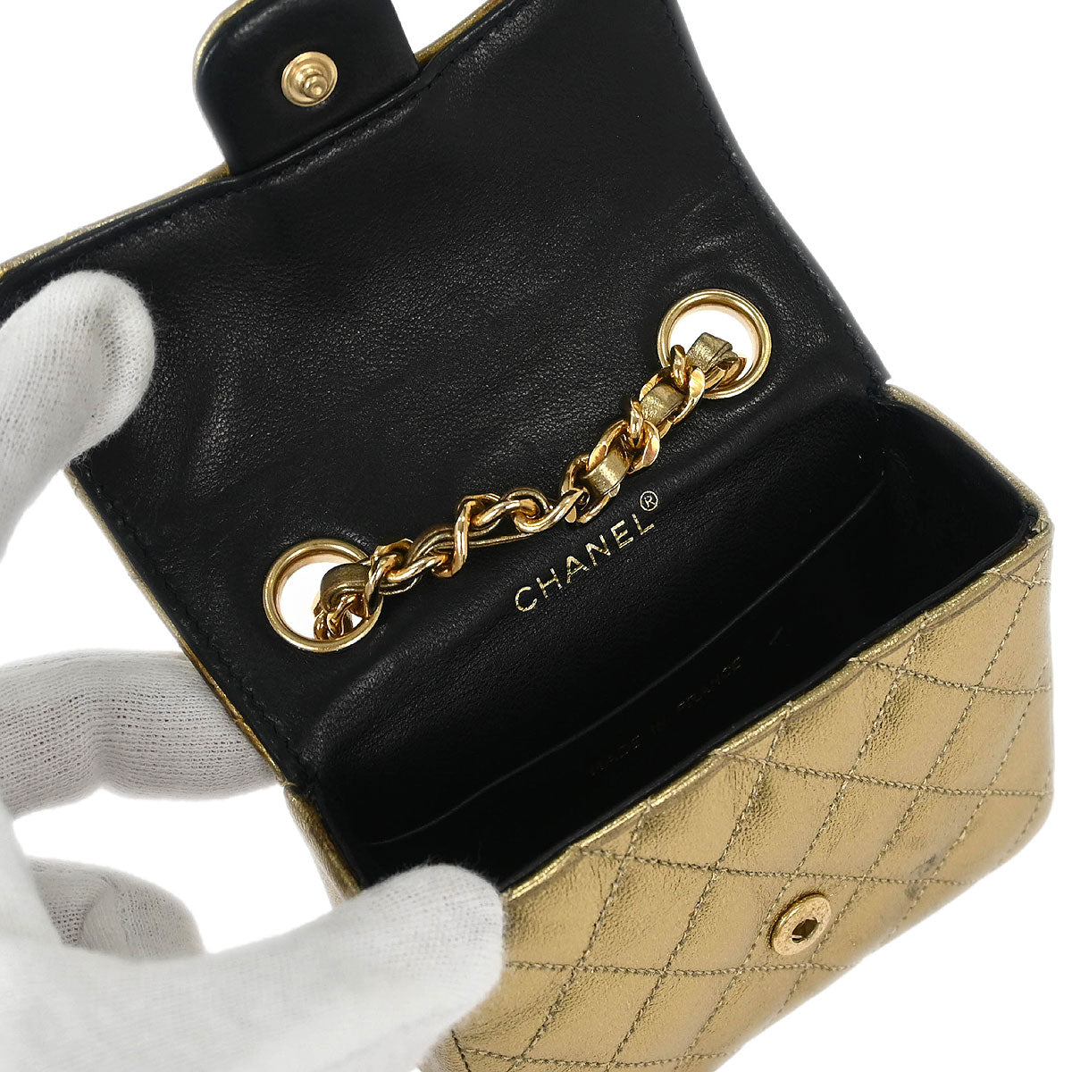 Chanel Metallic Gold Lambskin Classic Flap Micro Bag Pouch