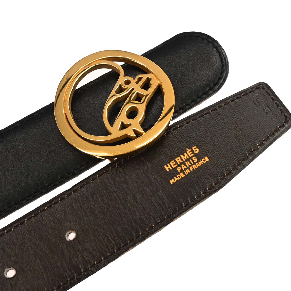 Hermes Black Box Calf Cheval Horse Buckle Belt #70 Small Good