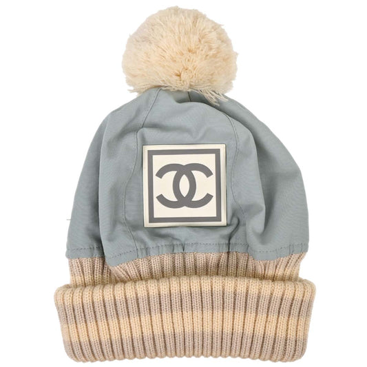 Chanel Light Blue Knit Cap Hat Sport Line #M Small Good