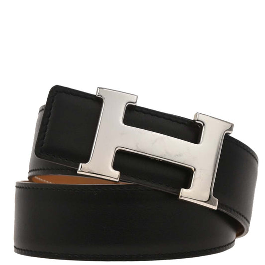 Hermes Black Gold Box Calf Constance Reversible Belt #65 Small Good
