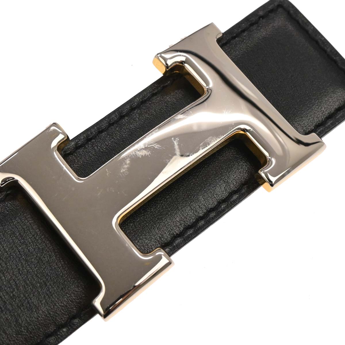Hermes Black Gold Box Calf Constance Reversible Belt #65 Small Good
