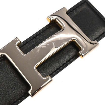 Hermes Black Gold Box Calf Constance Reversible Belt #65 Small Good