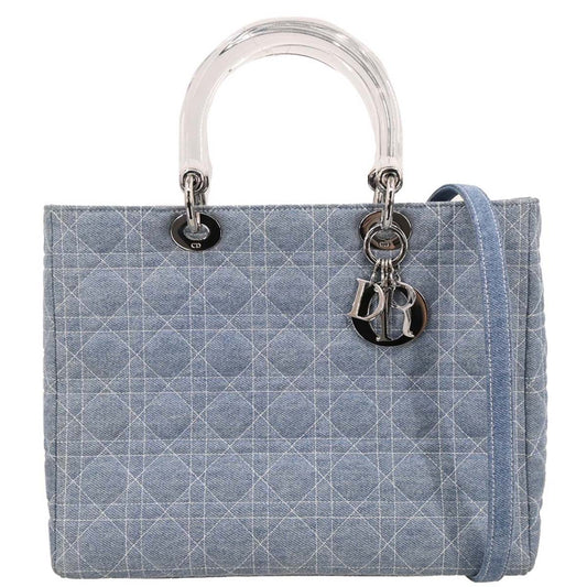 Christian Dior Light Blue Denim Large Lady Dior Cannage 2way Shoulder Handbag