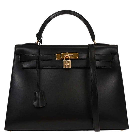Hermes Black Box Calf Kelly 32 Sellier Handbag