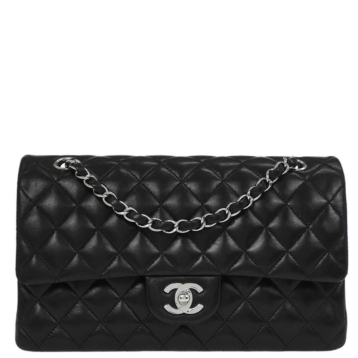 Chanel 1989-1991 Black Lambskin Medium Classic Double Flap Shoulder Bag