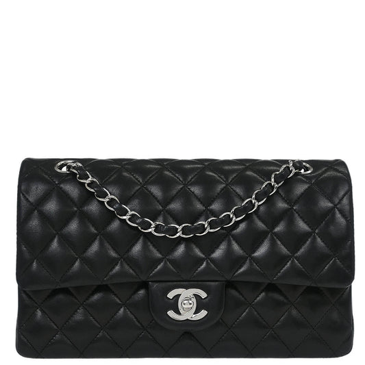 Chanel 1989-1991 Black Lambskin Medium Classic Double Flap Shoulder Bag