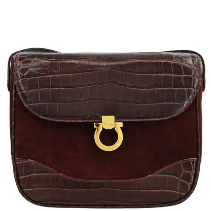 Salvatore Ferragamo Brown Suede Leather Gancini Shoulder Bag