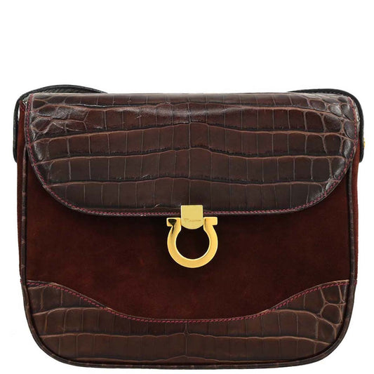 Salvatore Ferragamo Brown Suede Leather Gancini Shoulder Bag