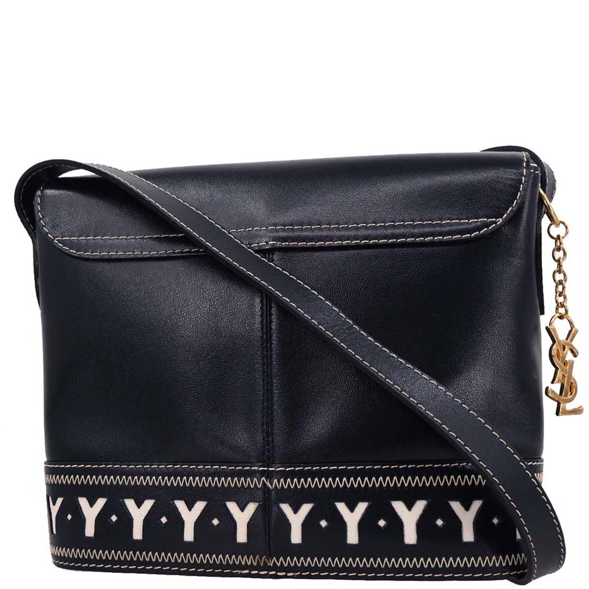 Yves Saint Laurent Navy Leather Y Cut Out Shoulder Bag