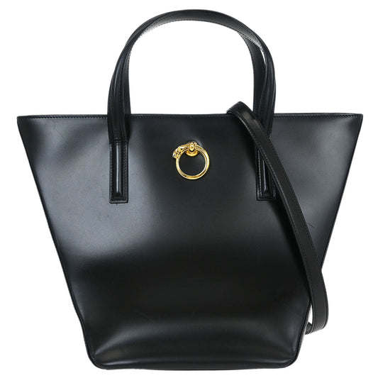 Cartier Black Leather Panthere 2way Shoulder Tote Handbag