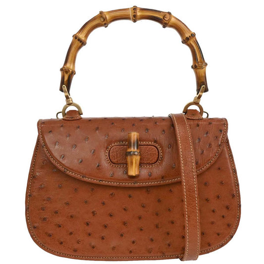 Gucci * Brown Ostrich Bamboo 2way Shoulder Handbag