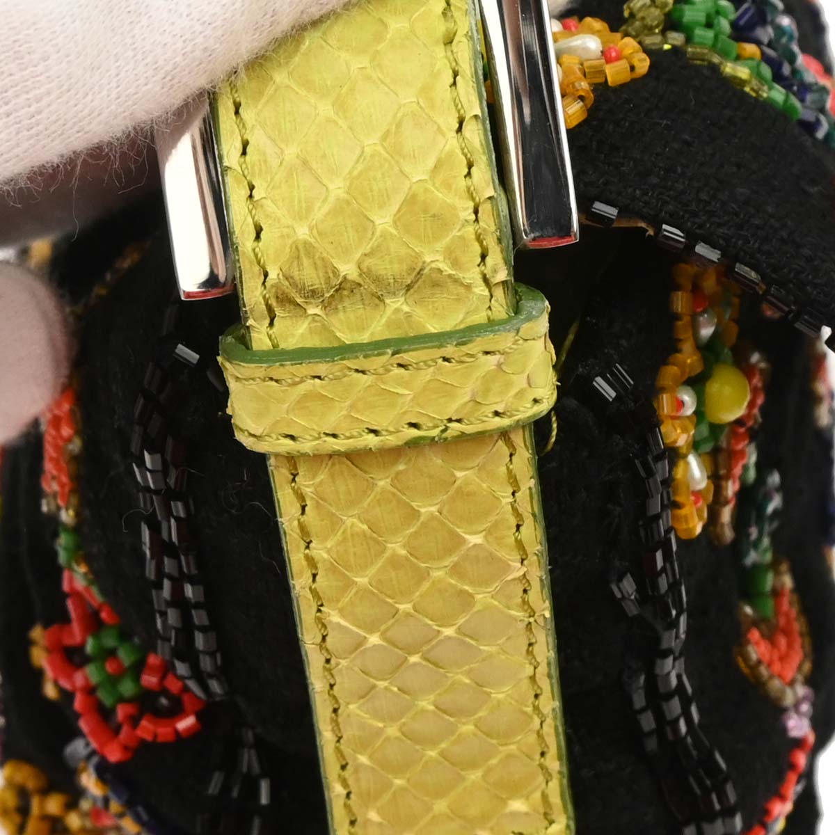 Fendi * Black Cotton Beads Python Baguette Handbag