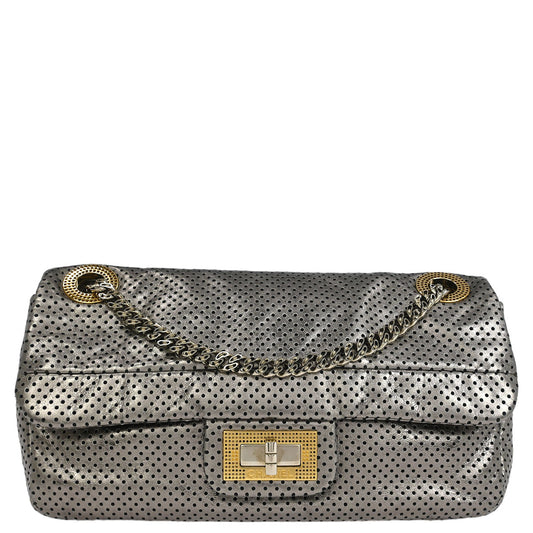 Chanel 2008-2009 Silver Perforated Lambskin Mademoiselle Lock Shoulder Bag