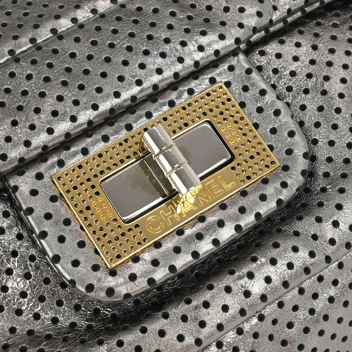 Chanel 2008-2009 Silver Perforated Lambskin Mademoiselle Lock Shoulder Bag