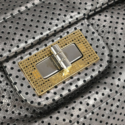 Chanel 2008-2009 Silver Perforated Lambskin Mademoiselle Lock Shoulder Bag