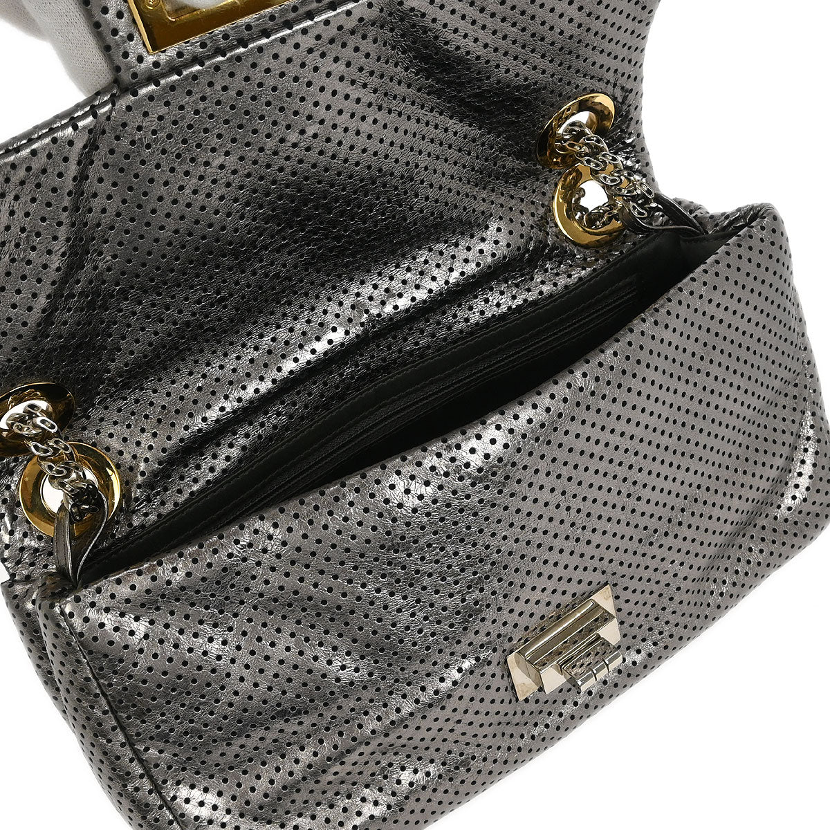 Chanel 2008-2009 Silver Perforated Lambskin Mademoiselle Lock Shoulder Bag